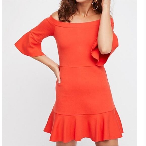 Free People red orange off shoulder ruffle sleeve hem skirt size Medium NWT - Picture 1 of 16